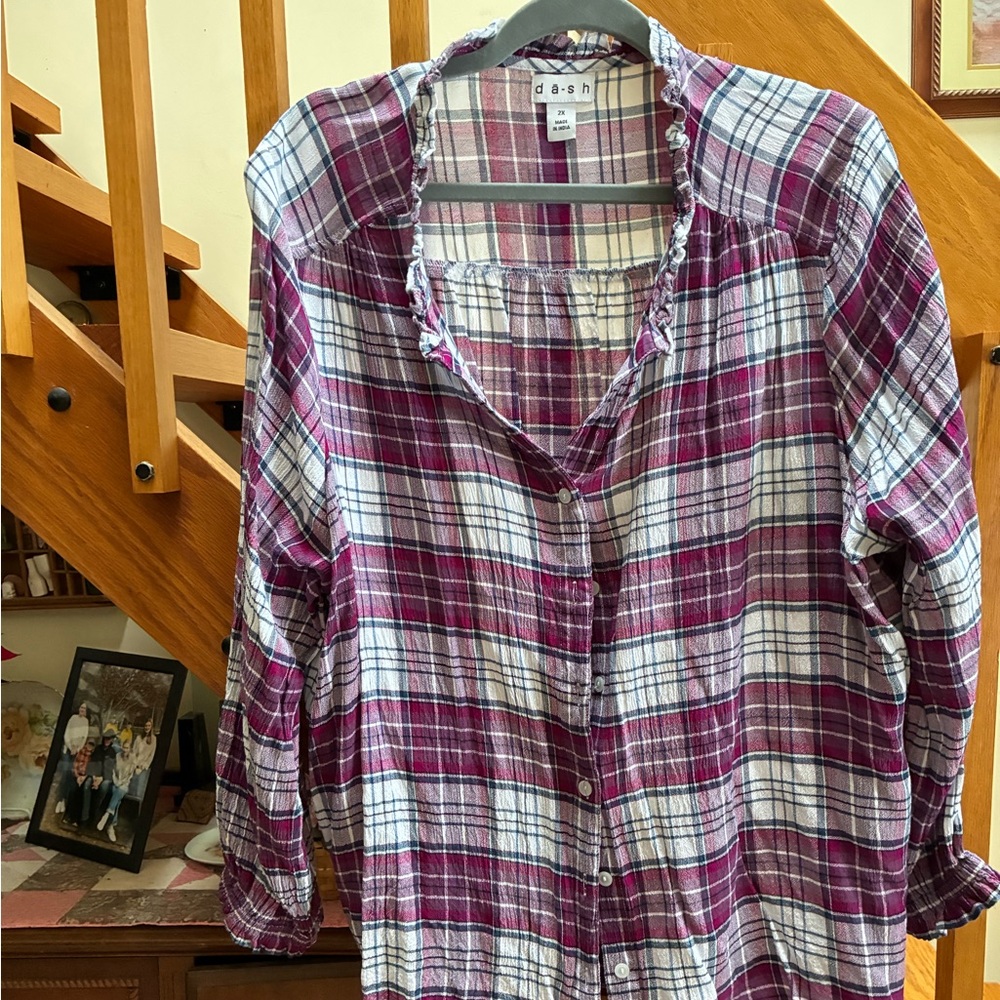 DASH Plaid Button-Up Shirt 2X Purple-ish maroon